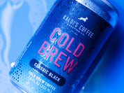 Canned Kaldi's Coffee Cold Brew on a blue background