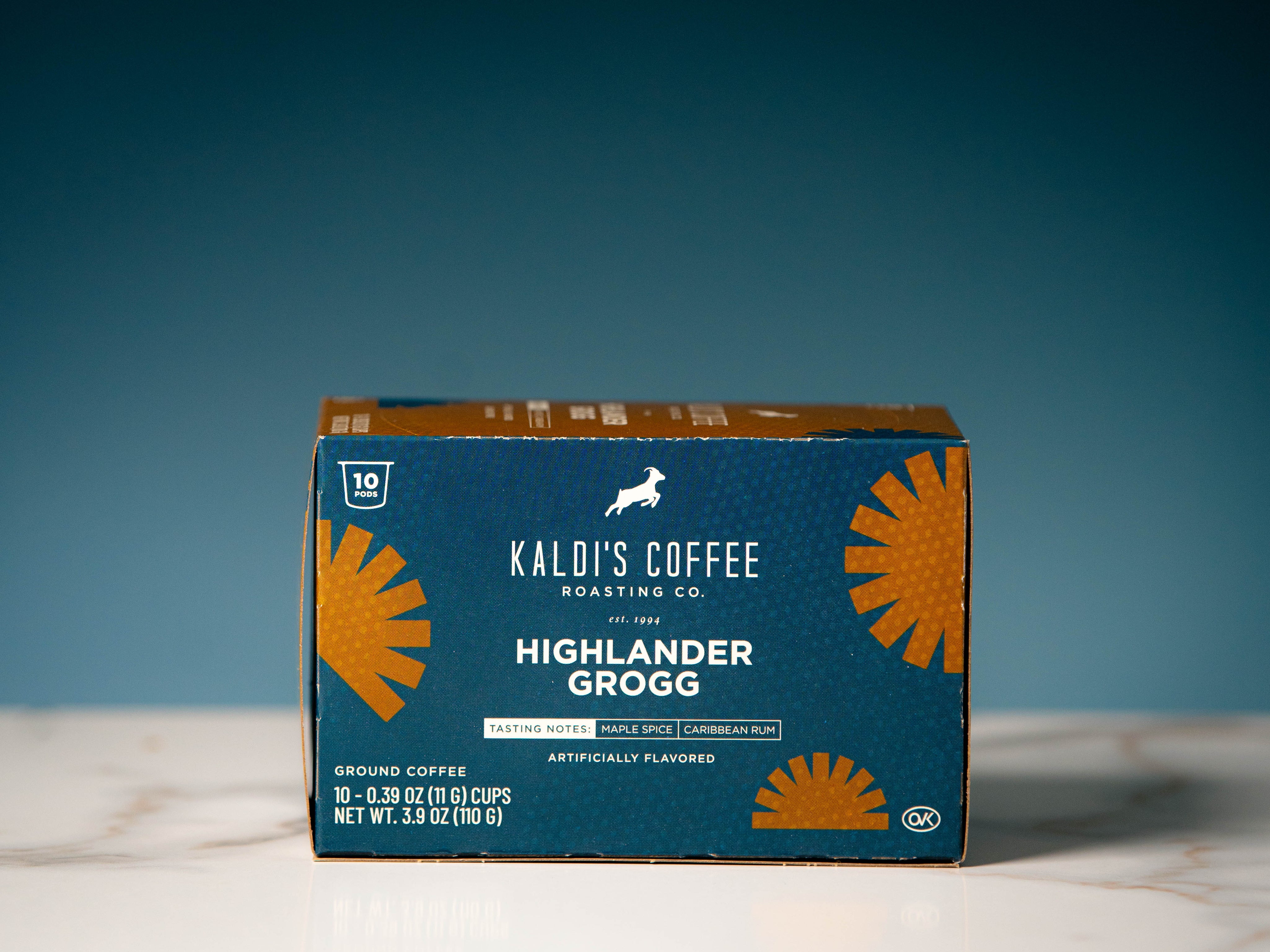 A box of Kaldi's Coffee Roasting Co. Highlander Grogg ground coffee pods
