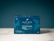 Horizontal product image of blue house blend kaldis coffee pods box