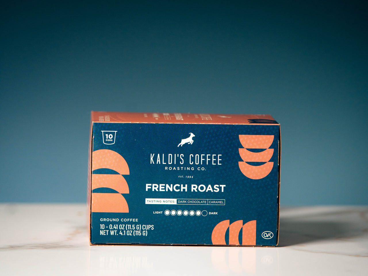 Horizontal product image of coral French Roast Coffee Pods box
