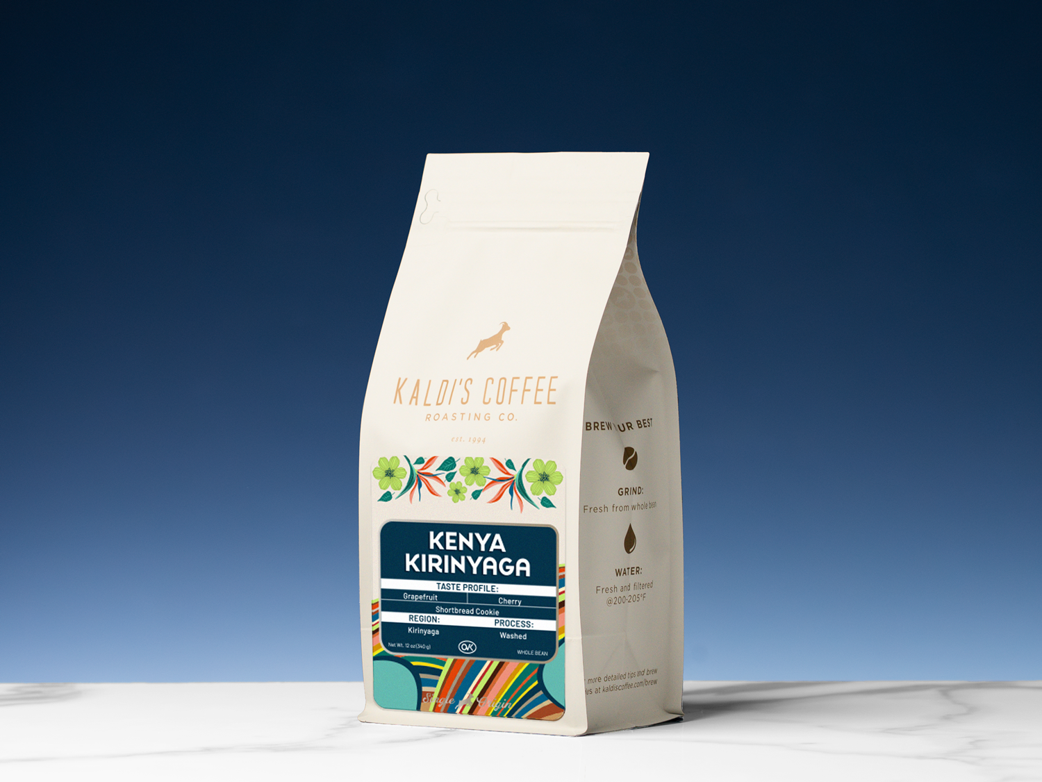 Kaldi's Coffee Kenya Kirinyaga coffee bag on a blue gradient background
