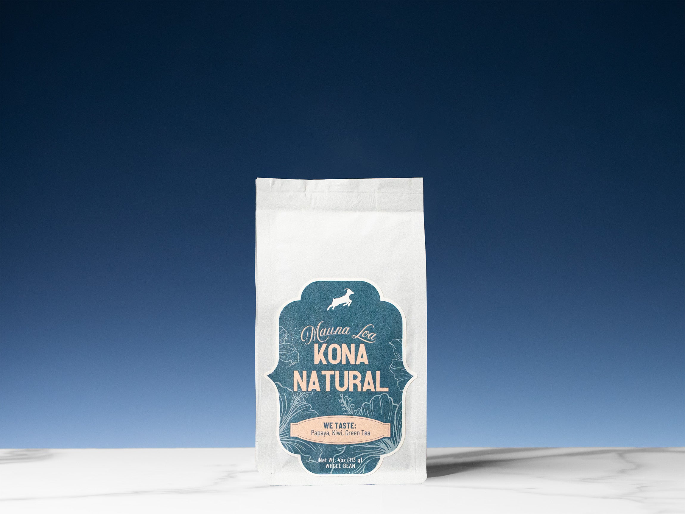 Kona Natural coffee bag with a blue label on a white background