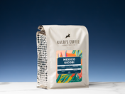 Kaldi's Coffee Roasting Co. coffee bag with colorful label on a blue gradient background