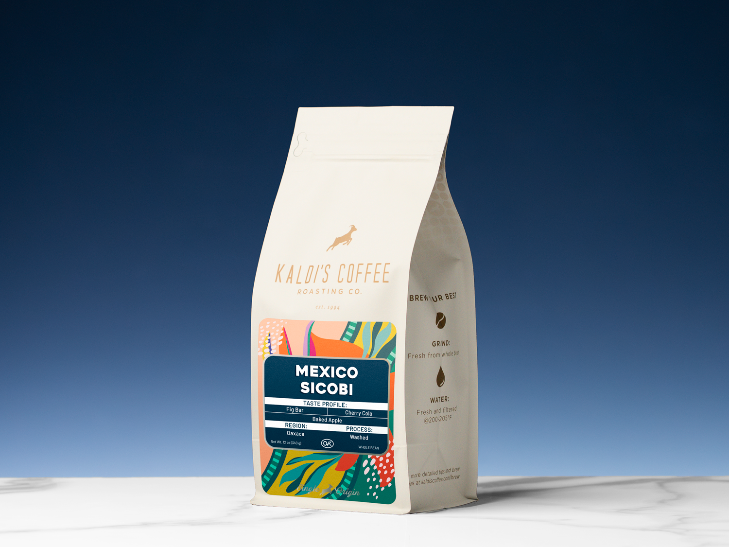Kaldi's Coffee bag with 'Mexico Sicobi' label on a blue gradient background