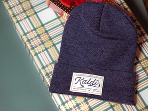 Kaldi's Coffee Heathered Navy Beanie with Kaldi's Coffee patch on the front brim