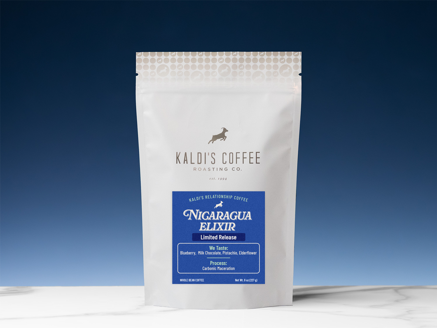 Kaldi's Coffee Nicaragua Elixir coffee package on a gradient blue background