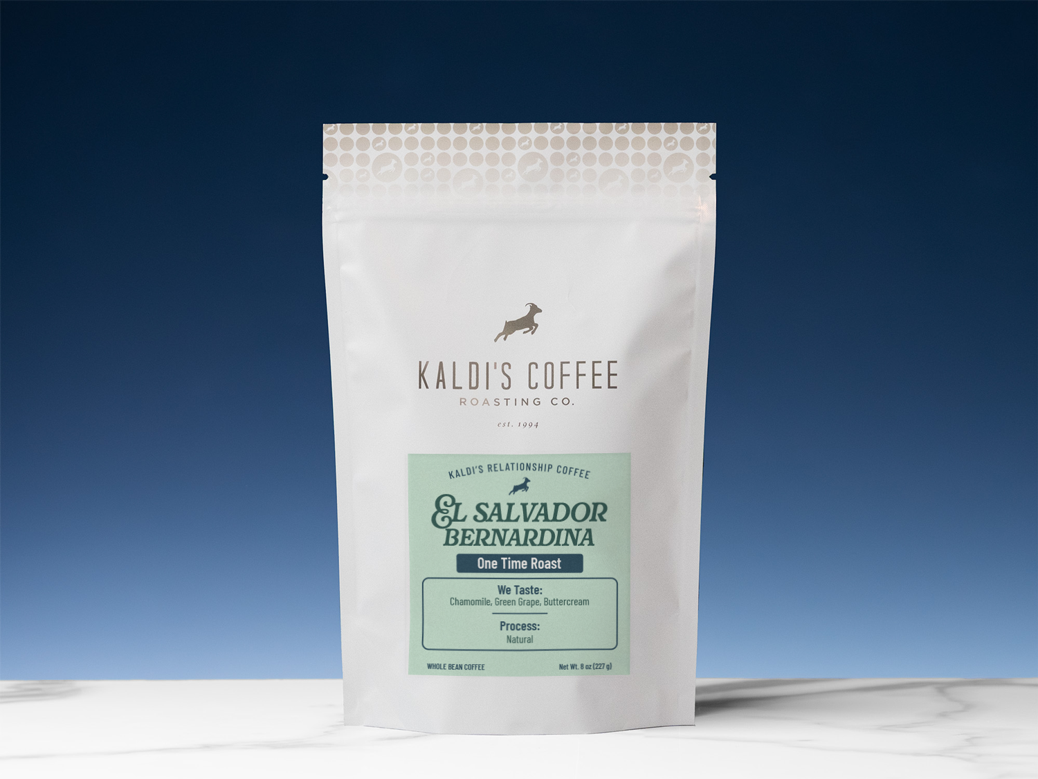 Kaldi's Coffee Roasting Co. coffee El Salvador Bernardina on a blue gradient background