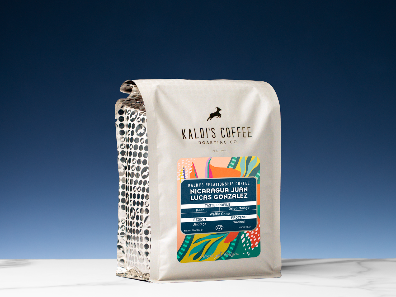 2lb Kaldi's Coffee bag with a blue gradient background