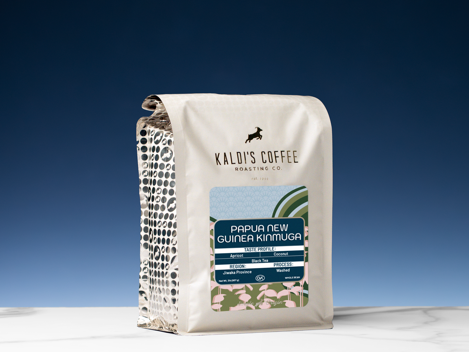 A bag of Kaldi's Coffee Roasting Co. Papua New Guinea Kinmuga