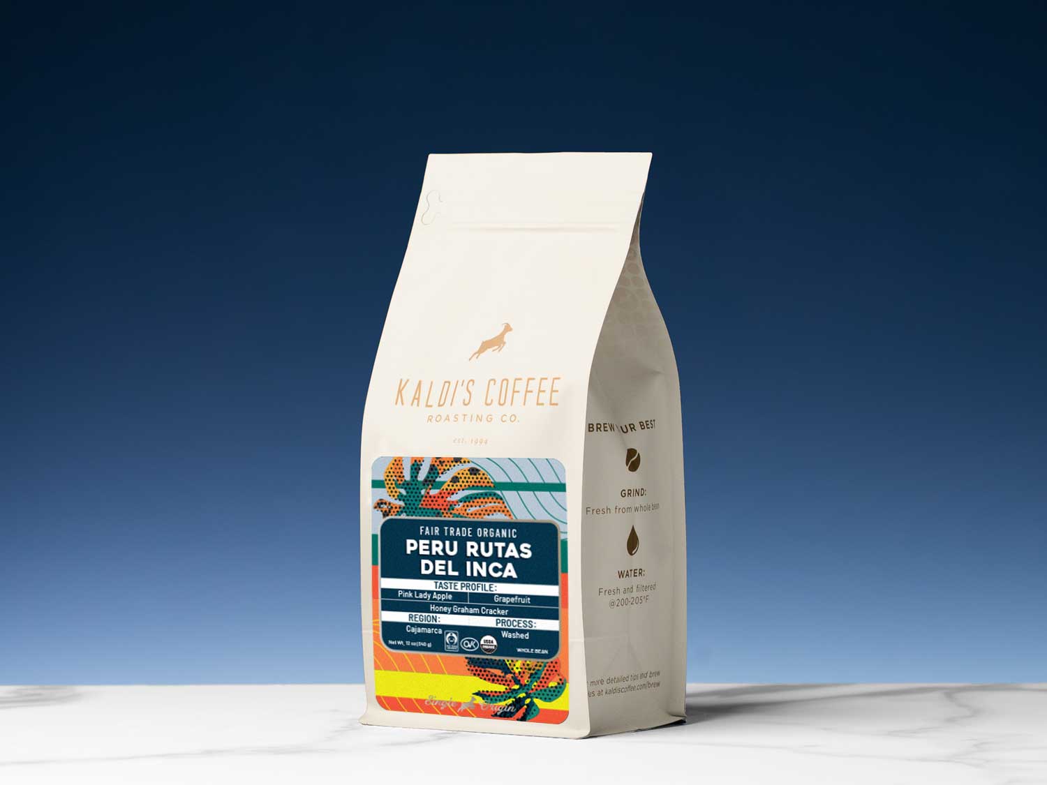 Kaldi's Coffee Peru Rutas Del Inca coffee bag on a blue gradient background