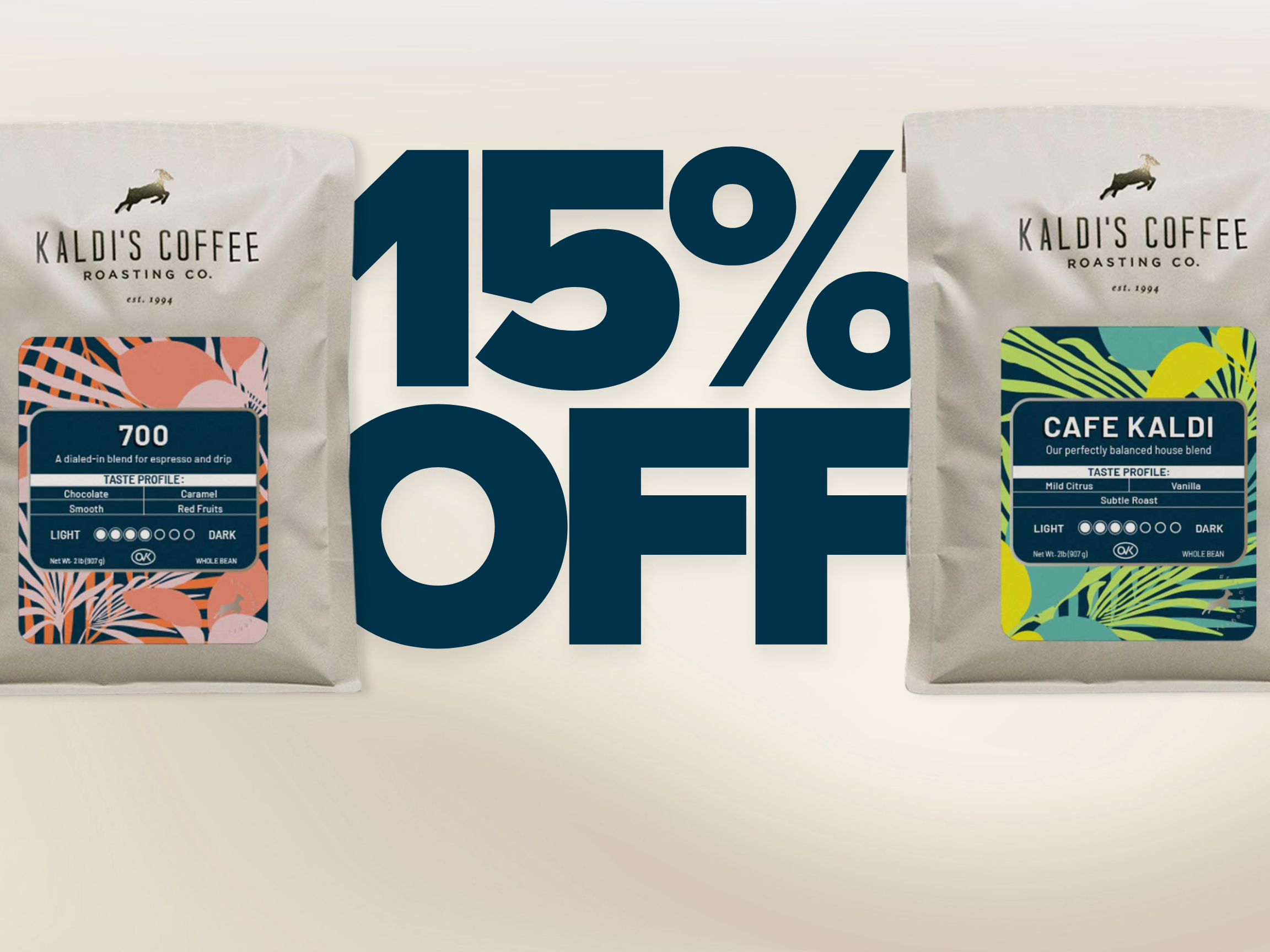 Two Kaldi's Coffee packages with a 15% off discount text on a beige background