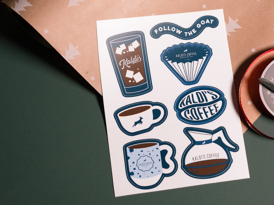 7 different stickers on one sheet featuring coffee mugs and the Kaldi's Coffee logo