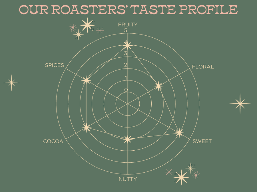 OUR ROASTER'S TASTE PROFILE: FRUITY -4, FLORAL - 2, SWEET - 4, NUTTY -2, COCOA - 3, SPICES - 3