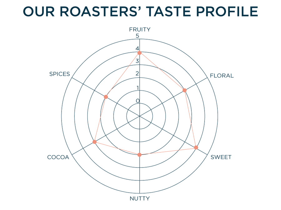 OUR ROASTERS' TASTE PROFILE: Fruity - 4, Floral - 3, Sweet - 4, Nutty -2, Cocoa - 3, Spices - 2