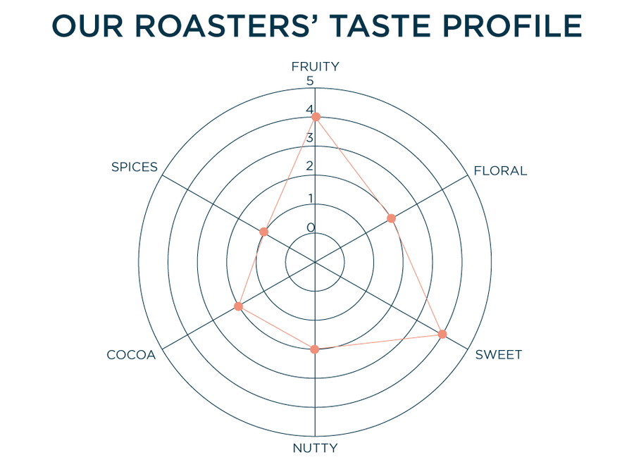 OUR ROASTER'S TASTE PROFILE: FRUITY - 4, FLORAL - 2, SWEET - 4, NUTTY - 2, COCOA - 2, SPICES - 1