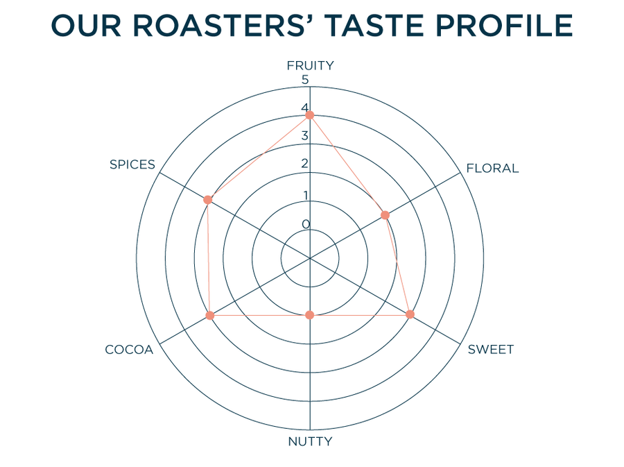 OUR ROASTERS' TASTE PROFILE: FRUITY - 4, FLORAL - 2, SWEET - 3, NUTTY - 1, COCOA - 3, SPICES - 3