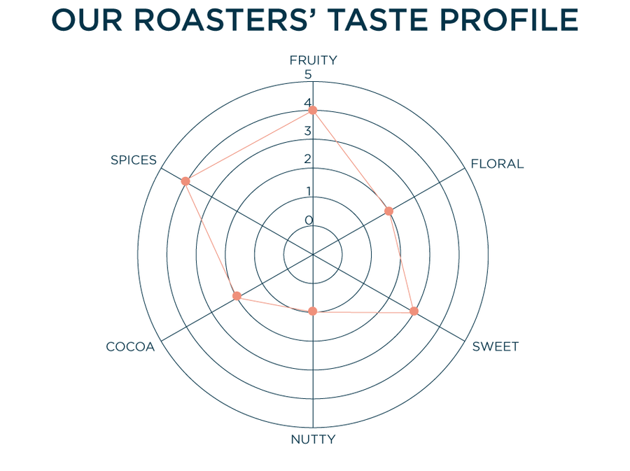 Our Roasters' Taste Profile: Fruity - 4, Floral - 2, Sweet - 3, Nutty - 1, Cocoa - 2, Spices - 4