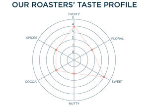 OUR ROASTERS' TASTE PROFILE: Fruity - 4, Floral - 2, Sweet - 4, Nutty - 1, Cocoa - 2, Spices - 2