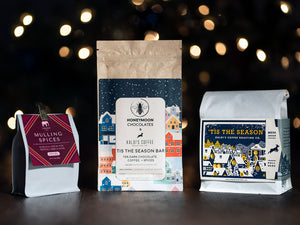 Firepot Mulling Spices, Honeymoon 'Tis the Season Chocolate Bar, and a 12oz 'Tis the Season Holiday Blend