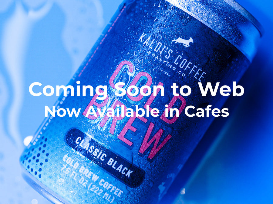A cold can of coffee with the words "Coming Soon to Web - Now available in cafes" in white overlay