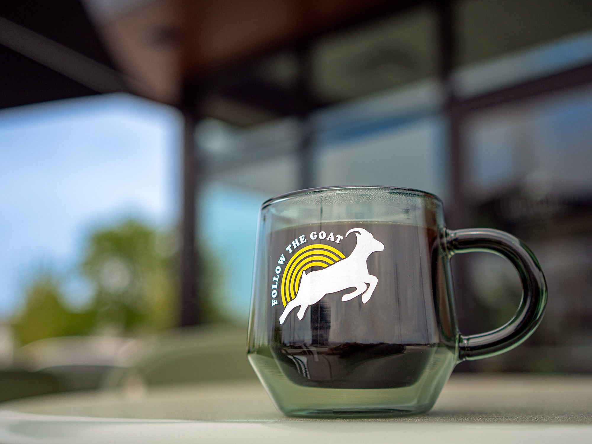 Follow the Goat glass double walled mug