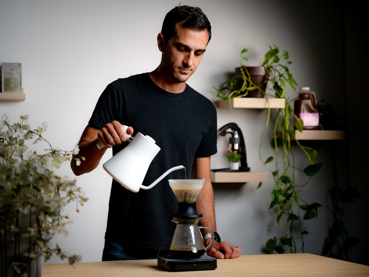 Pouring gently into the Hario Switch V60 coffee brewer