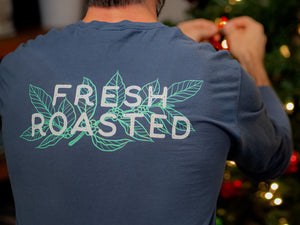 Fresh Roasted Tee by a holiday tree